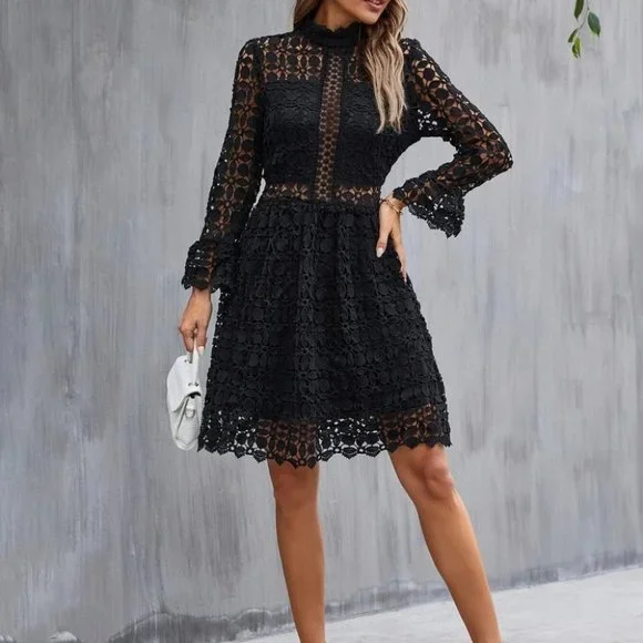Mock Neck Flounce Sleeve Lace Dress black - Picture 4 of 6